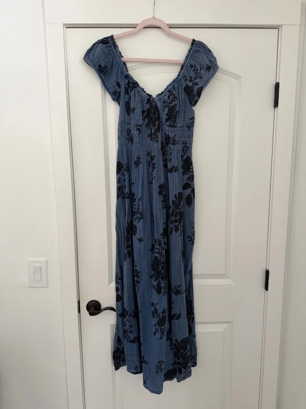 Free People “Forget Me Not” Blue Floral Backless Maxi Dress with Side Slit - Picture 3 of 5